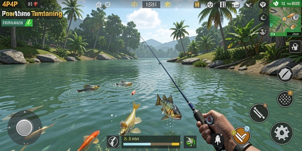 Screenshot gameplay <strong>4P4P</strong> memperlihatkan momen menangkap ikan di lokasi yang indah.