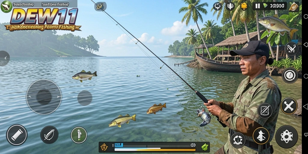 Tampilan gameplay <strong>DEWI11</strong> saat memancing di laut yang indah.