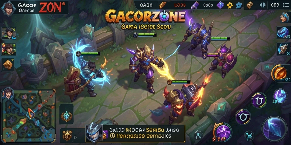 Tangkapan layar utama GACORZONE menampilkan aksi seru dalam game MOBA.