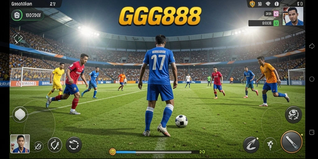 Screenshot gameplay GGG888 dengan aksi mendebarkan di lapangan sepak bola.
